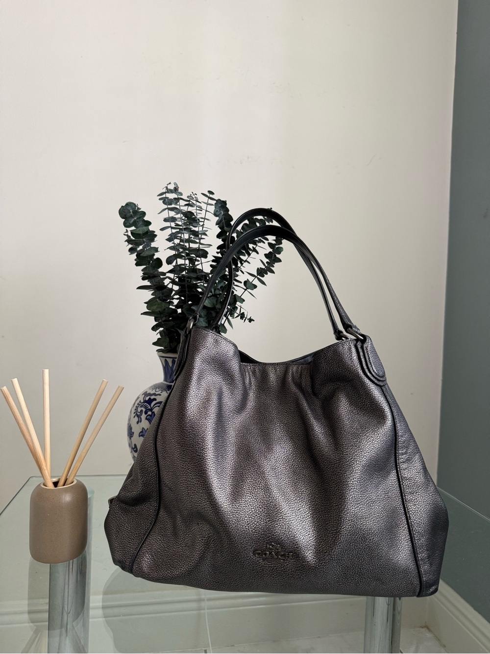 Coach Metallic Charcoal Pebbled Leather Shoulder Bag